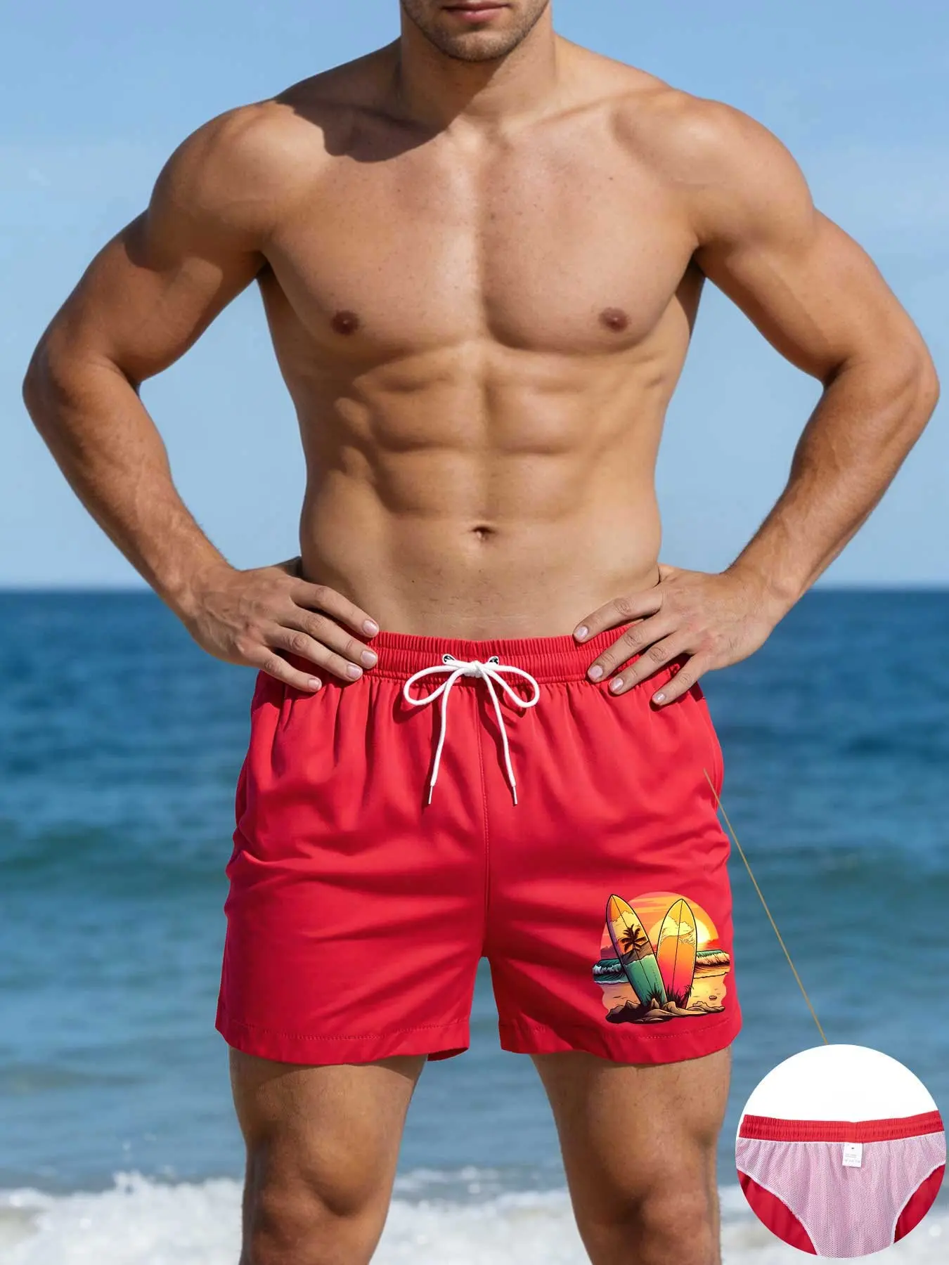 Men's printed loose-fitting beach shorts with a sunset and surfboard pattern, featuring a sporty and casual style, zippered pockets, drawstring design, quick-drying fabric, lightweight and comfortable, perfect for summer beach vacations and surfing.
