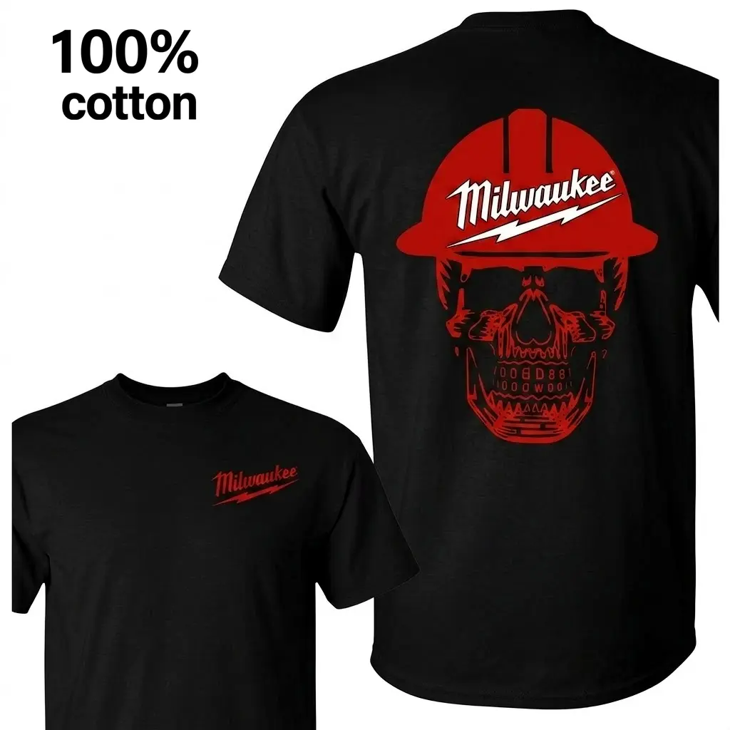 Men's Graphic T-Shirt - Red Skull with Hard Hat Design, 100% Cotton Black Tee