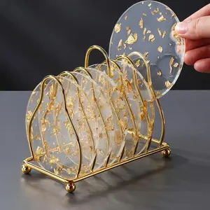 6pcs Acrylic Gold Foil Coaster Set with Holder - Kitchenware
