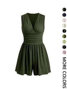 Women's Plain Ruched Deep V Neck Short Fitted Tank Romper, Elegant Sleeveless Romper For Summer, Fashion Casual Ladies Clothes For Daily Wear