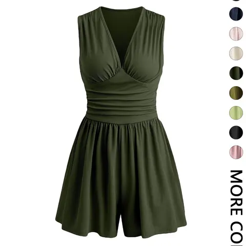 Women's Plain Ribbed Ruched Deep V Neck Tank Short Piece, Elegant Sleeveless For Summer, Fashion Casual Ladies Clothes For Daily Wear, Sleeveless Knit Romper