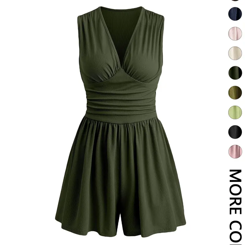 Women's Plain Ribbed Ruched Deep V Neck Tank Short Piece, Elegant Sleeveless For Summer, Fashion Casual Ladies Clothes For Daily Wear, Sleeveless Knit Romper