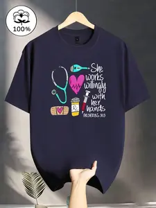 Nurse & Faith Premium Cotton Soft Tees She works willingly with her hands Print Cozy Vibe Breathable Skin-Friendly Stretch Non-Fading Crew Neck Versatile Slim Fit Four Colors Available Perfect for Work Daily Wear