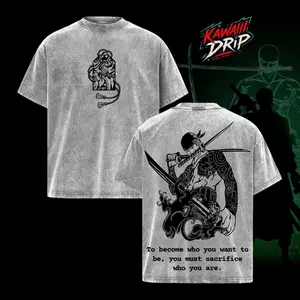 ''One Piece'' -Roronoa Zoro Three-Sword Style Tattoo Art Vintage Washed Oversized T-Shirt, Heavy Cotton Anime Streetwear Unisex Tee, Retro Samurai Graphic Top Gift for Anime Fans