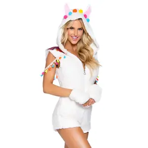 Cuddly Llama Animal Costume for Women, 2-Piece Plush Zip-Up Bodysuit Set with Hooded Poncho and Paw Gloves