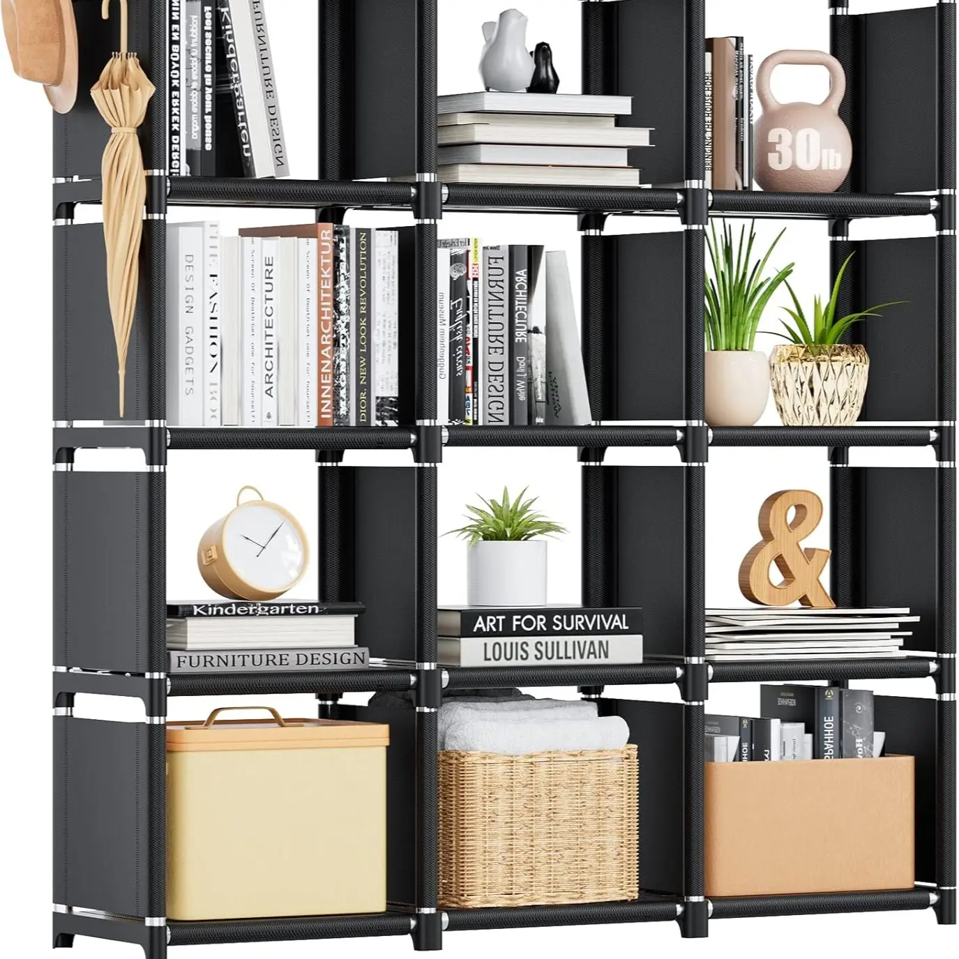 12-Cube ABS+Metal Rectangle Storage Organizer Bookshelf, DIY Black Cubicle Rack with Hook, 40x30x30cm, 10-15kg Load Capacity, Easy Assembly Required for Home & Office (Fits Books)