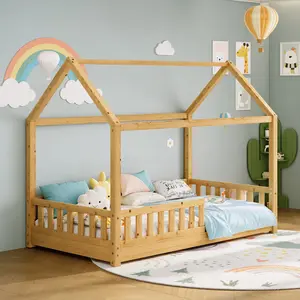VanAcc Twin Size House Bed for Kids, Montessori Wooden Floor Bed Frame with Guardrails, Removable Rails, Playhouse Roof, Easy Assembly, Toddler Floor Bed for Boys & Girls