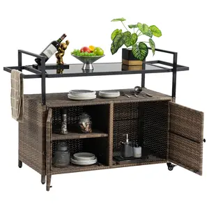 Outdoor Wicker Bar Cart, Patio Wine Serving Cart W/Wheels, Rolling Rattan Beverage Bar Counter Table W/Glass Top for Porch Backyard Garden Poolside Party, Light Brown