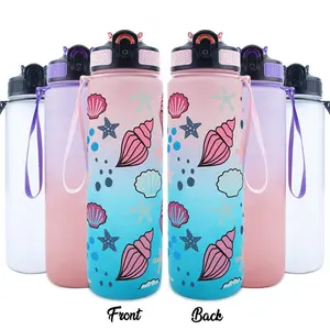 32oz Water Bottle, 1 Count Cute Seashell Starfish Pattern Sports Water Bottle with Time Marker, Outdoor Durable Large Capacity Hiking Water Bottle