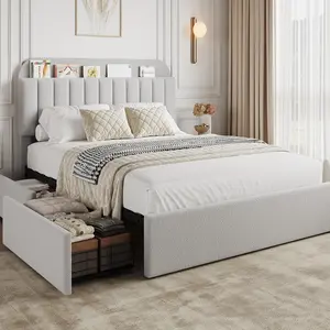 Summervibes Flash sale home items Modern Boucle Upholstered Platform Bed Frame with Storage Headboard, Bookcase & 2 Drawers, Twin/Full Size, Noise-Free, No Box Springtime Needed, Easy Assembly - Bedroom Furniture (Rose Pink/Gray/Blue)