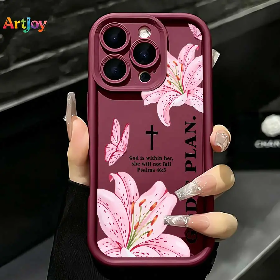 Coquette Lily Butterflies Matte Silicone Case with "God is Within Her" Bible Verse - Compatible with Galaxy S25,S24,S23,S22,S21 (Plus,FE,Ultra),A33 & iPhone 17 Pro Max,16,15,14,13 Smartphones,Cellphone,Handheld Devices - Ideal Birthday Holiday Gift