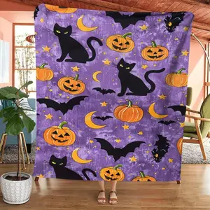 Soft Comfortable Funny Halloween Throw Blanket,Cozy Flannel Black Cat Pumpkin Bat Print Blanket,All-Season Vintage Style Digital Printed Sofa Blankets
