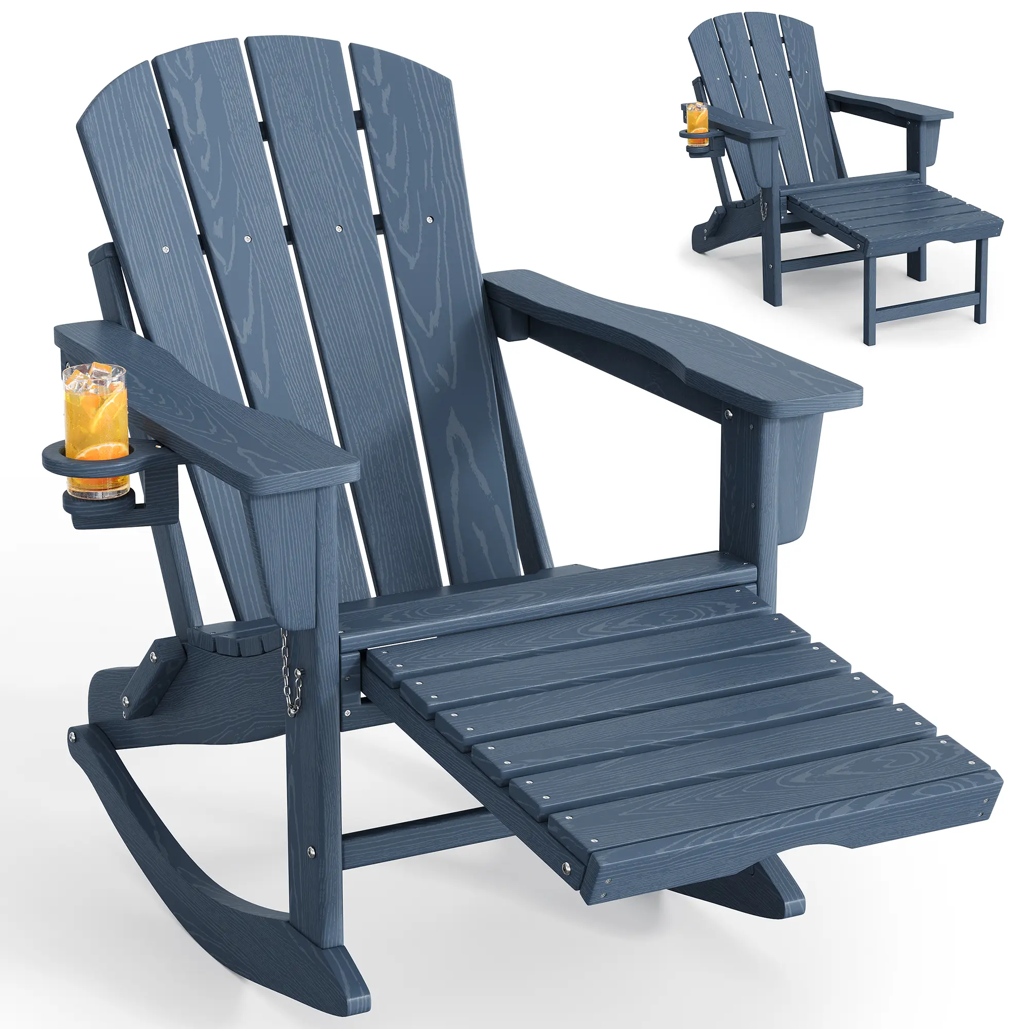Folding Adirondack Chair with Cup Holders - HDPE All-Weather Rocking Chair with Retractable Ottoman  for patios, Decks, Gardens, fire pits