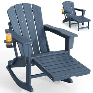 Folding Adirondack Chair with Cup Holders - HDPE All-Weather Rocking Chair with Retractable Ottoman  for patios, Decks, Gardens, fire pits