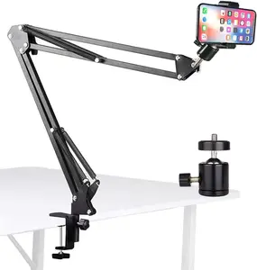 Overhead Tripod Mount for Camera Webcam Ring Light, Over  Articulating Arm with Phone Holder and Ball , Desktop Suspension Scissor Accessory for Live Streaming,Video Recording