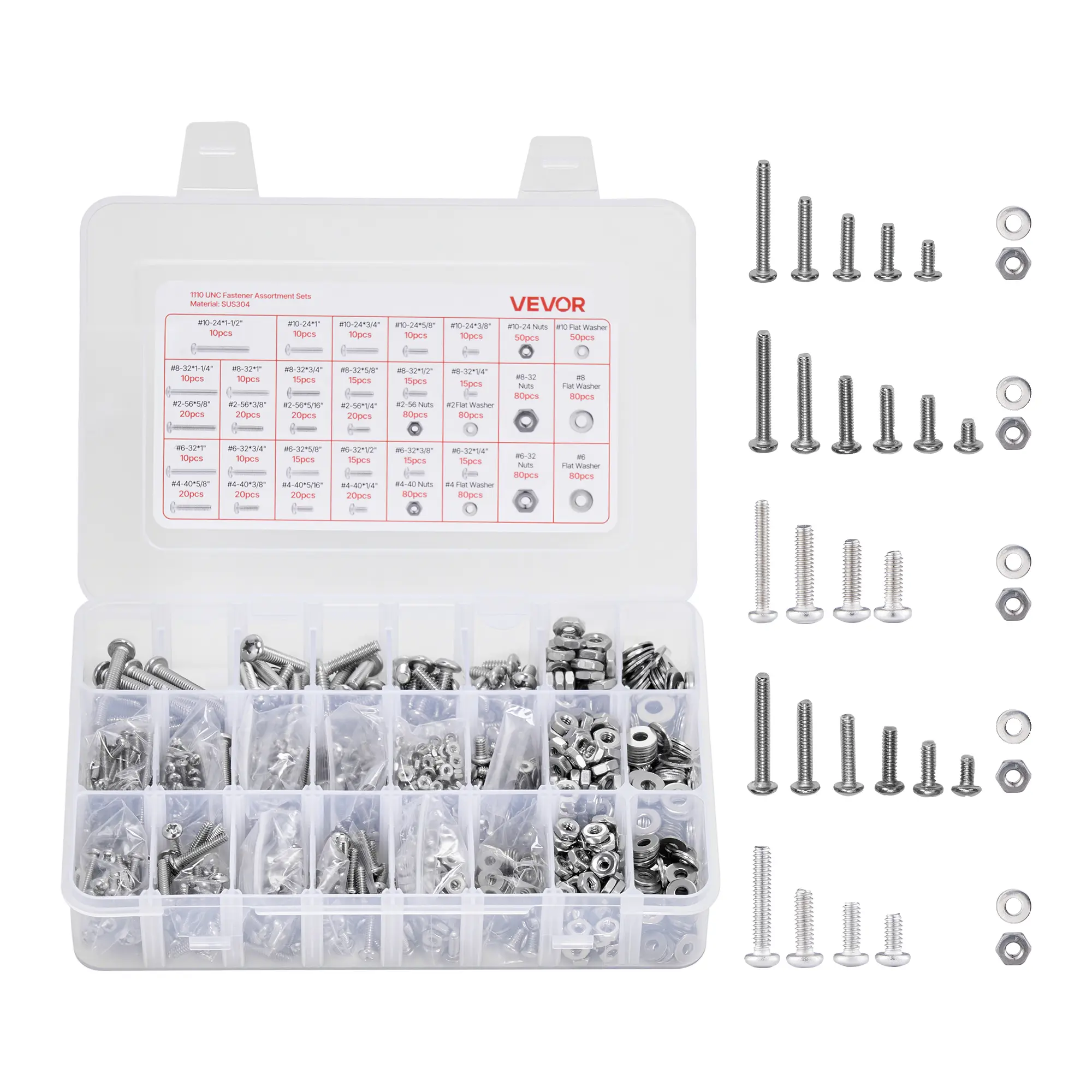 VEVOR 1110-Piece Stainless Steel Imperial Bolts and Nuts Assortment Kit - Imperial Machine Screws, Flat & Spring Washers (10-24,8-32,2-56,6-32,4-40) with Adjustable Transparent Storage Box for Furniture Assembly | Silver Father's Day Gift