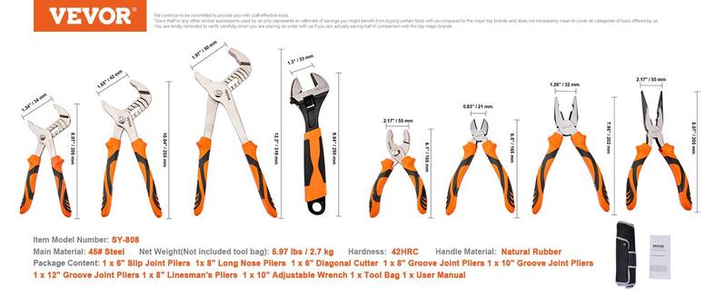 VEVOR 8-Piece Pliers Set, TikTokShopBlackFriday, High Carbon Steel, 12"/10"/8" Groove Joint Pliers, 8" Linesman's Pliers, 6" Slip Joint Pliers, 8" Long Nose Pliers, 6" Diagonal Cutter, 10" Adjustable Wrench, and Tool Bag