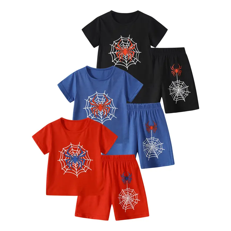 #SummerVibes 6-piece Boys Summer Short Sleeve Set Spider Pattern 8 Years Old Boys Round Neck Short Sleeve Shorts Children's Fashion Outdoor Sports Quick-drying Children's Clothing Sporty Set Suitable for ages 4-14