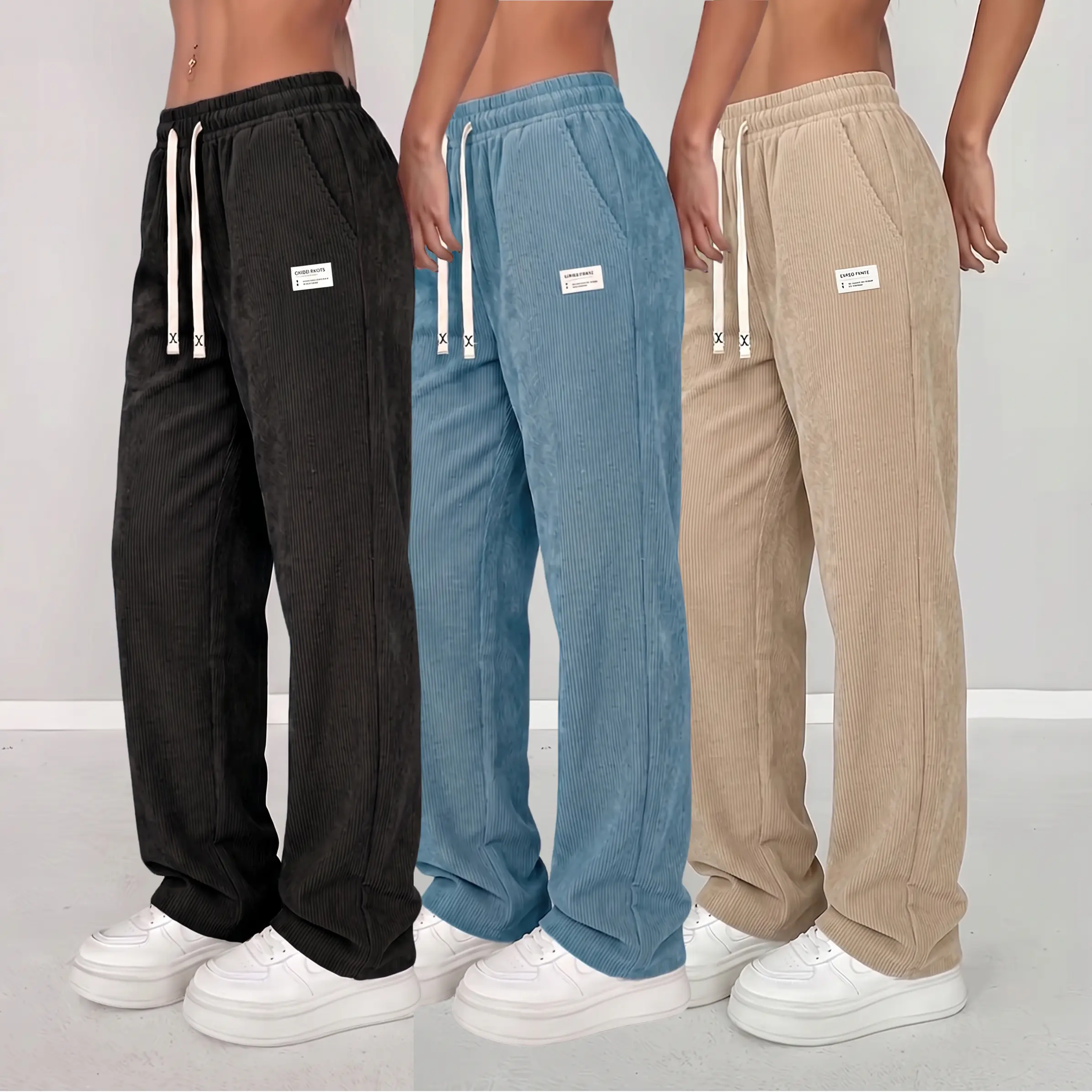 Women's Cozy Corduroy Bottoms, Elastic Waist Drawstring Relaxed-Fit Pants with Minimalist Patch Label