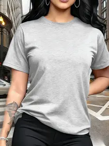 Women's Short Sleeve T-Shirt 100% Cotton Gray Basic Solid Tee 10 Colors Available Stylish Versatile Casual Daily Wear Layering Trendy Fashion Top for Ladies