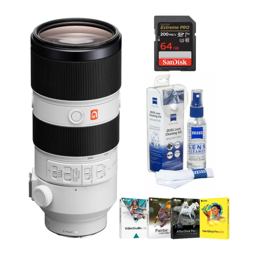 Sony FE 70-200mm f/2.8 GM OSS Full Frame Telephoto Lens with Advanced Nano Anti-Reflective Coating, Smooth Bokeh, 5-Axis Image Stabilization, Software Suite, Cleaning Kit, 64GB SD Card Bundle, G Master