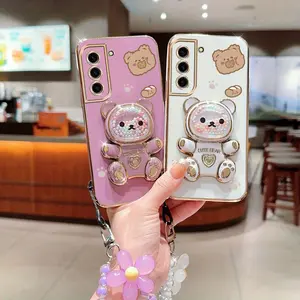 S21 Popular Series Fashion Strap Lanyard Phone Holder Case For Compatible With Samsung Galaxy S21 5G PC Cover and Durable Lovely Bear Style Protector Cases