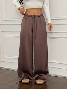 Spring Summer Women's Satin Low Waist Wide Leg Pants, Adjustable Elastic Waist Drawstring Design, Loose Fit Casual Daily Commute Wear
