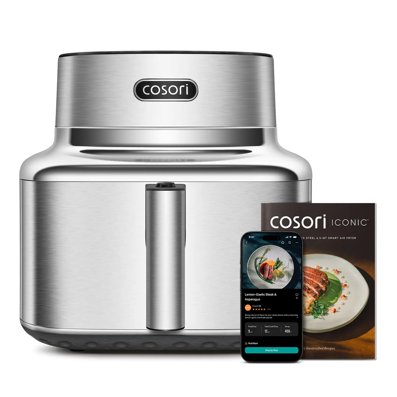 Cosori Iconic 6.5 Qt Stainless Steel Smart Air Fryer for 3-4 People - App Connectivity, Multi-Cook Mode (Roast, Bake, Dry, Proof), PFAS-Free Ceramic Coating, 450°F Max Temp, Standard Plug, Dishwasher-Safe Basket, Chef-Crafted Recipes
