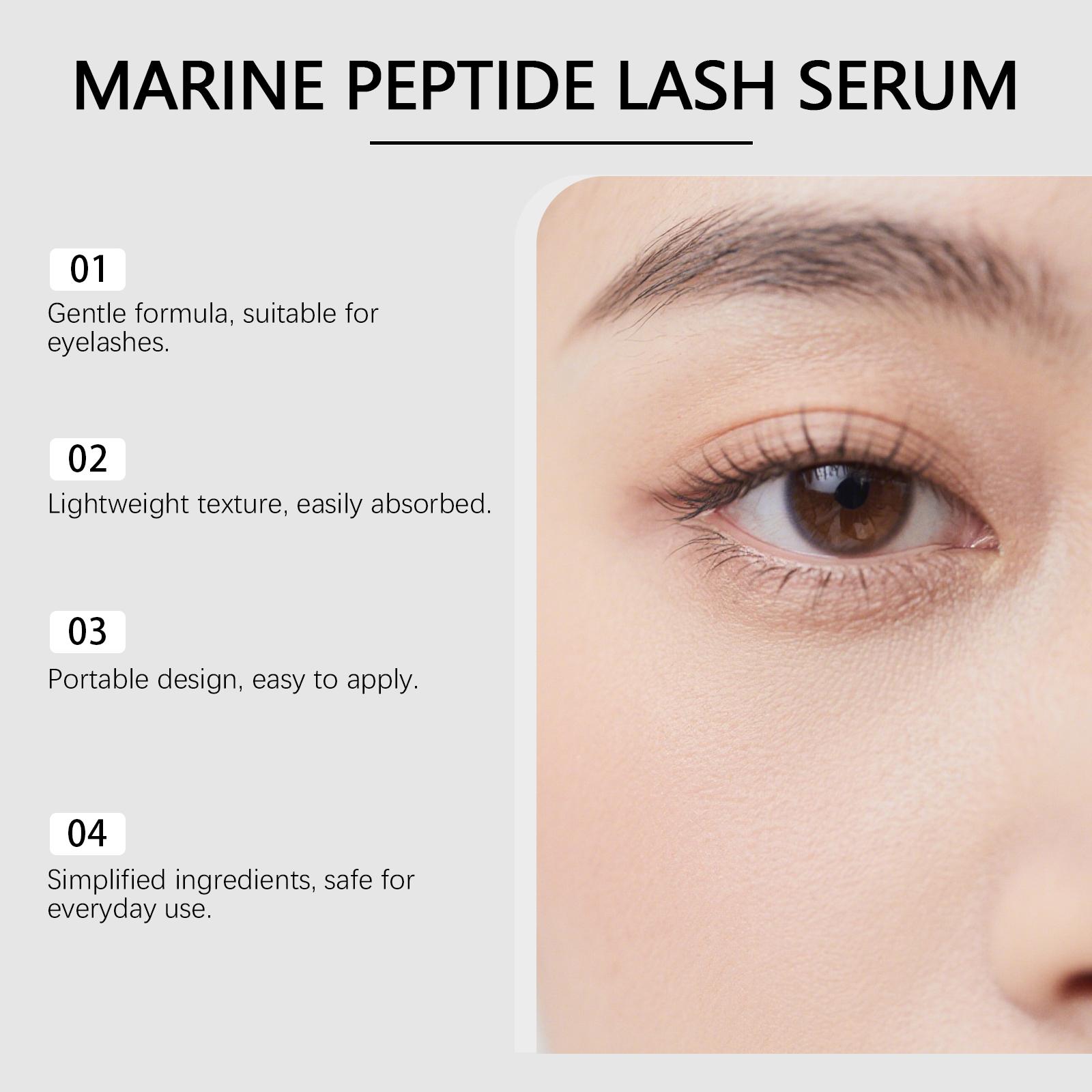 Marine Peptide Lash Serum， Lightweight texture, non-sticky，Suitable for both morning and evening skincare，Nourishes lash roots, maintaining their condition.Stable formula, reliable for daily use.Multi-effect nourishment, one-stop lash care.