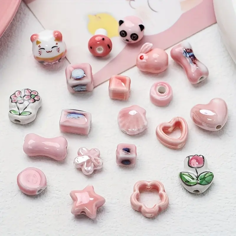 15Pcs Bagged Aesthetic Mixed Shape Hand-Painted Pink Ceramic Beads ...