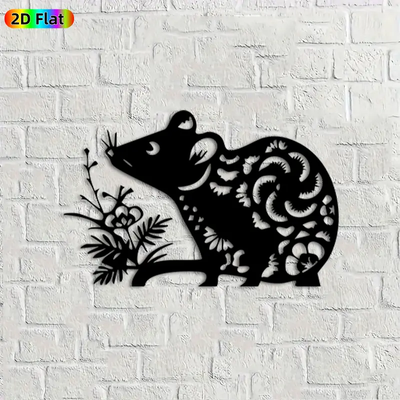 1pc Floral Rat Metal Wall Art,Elegant Floral Rat Statue Mural, Ideal Gift for New Year, Easter, Animal & Nature Decor Enthusiasts, Rust-Resistant Metal Wall Decor Wall Sculptures, Charming Home & Outdoor Decor Accent