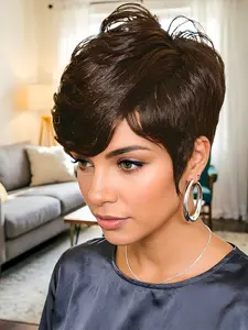 Natural Wave Pixie Cut Wig, Human Hair with Bangs, Full Machine Made Wig, Short Hairstyle, Stylish and Versatile Look