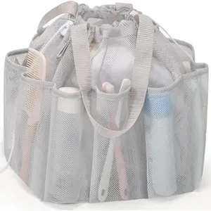 Mesh Shower Caddy Portable with Drawstring, Dorm Room Essentials for College Students, Grey Shower Bag for Camping,Swimming,Gym,Travel,Bathroom