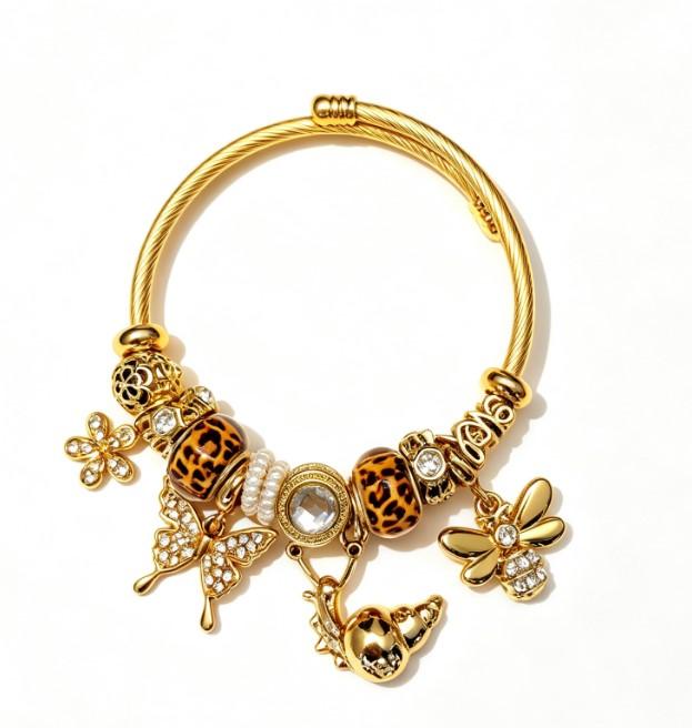 Vintage Leopard Print Bead Gold Wire Open Cuff Bracelet, Rhinestone Butterfly Bee Conch Charms Luxury Stackable Bangle Jewelry Gift for Women