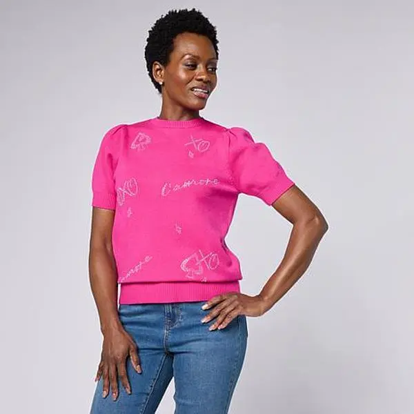 DG2 by Diane Gilman SoftEase Bow Embellished Puff Sleeve Sweater