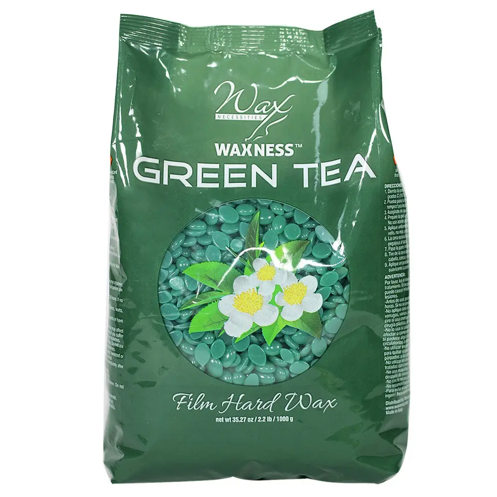 Waxness Green Tea Film Hard Wax Beads 2.2 Lb / 1 Kg For For Hair Removal, Natural Resin Base, Gel Texture, With Green Tea Extract, No Strips Needed, Made in Italy
