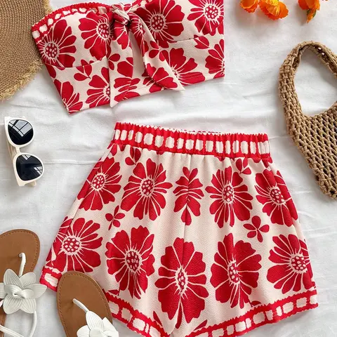 Women's Tropical Floral Print Front Tie Tube Top & High Waist Casual Shorts 2 Piece Outfit, Casual Daily Wear