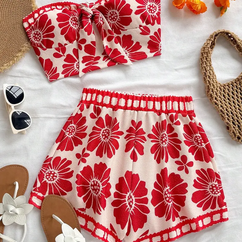 Women's Tropical Floral Print Front Tie Tube Top & High Waist Casual Shorts 2 Piece Outfit, Casual Daily Wear