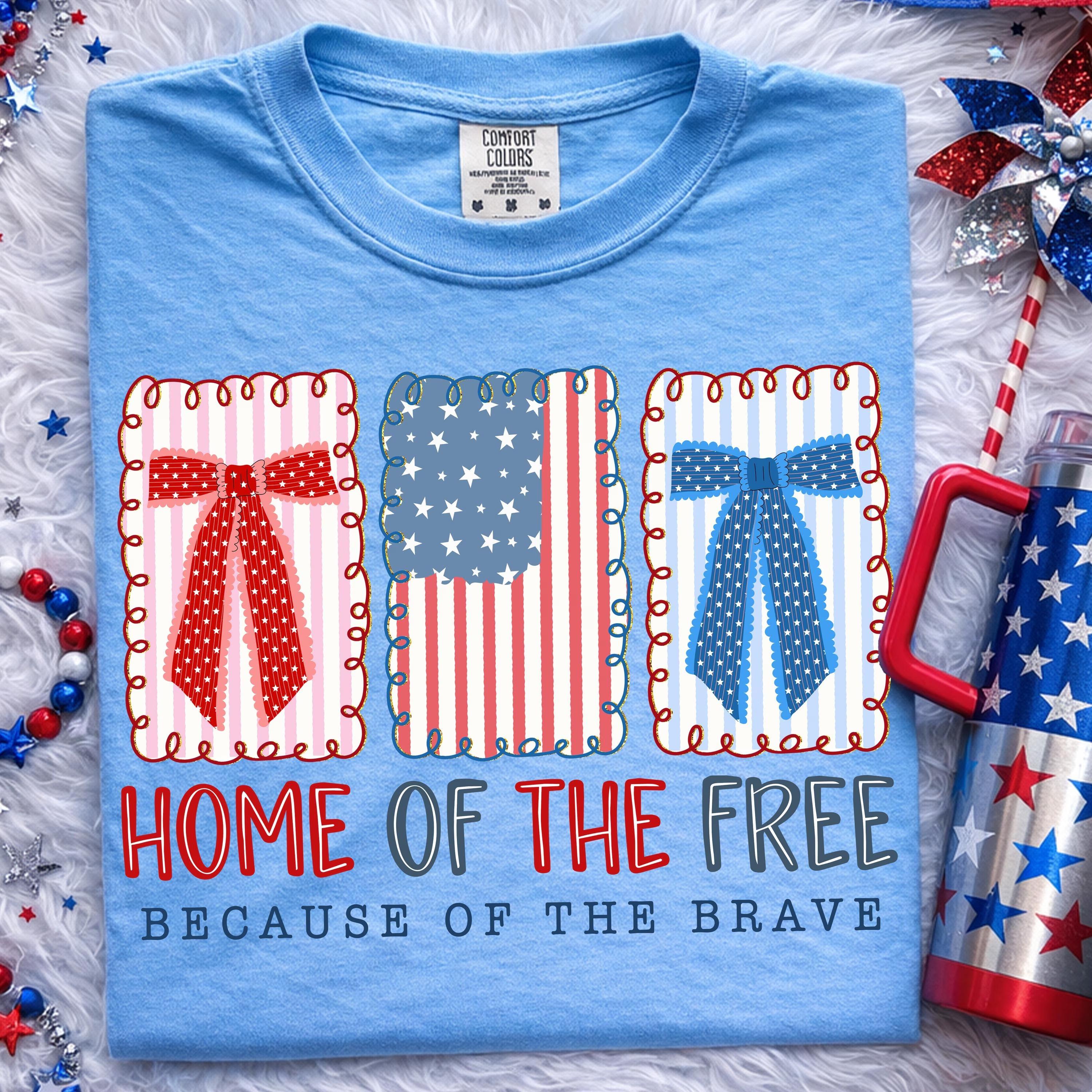 Comfort Colors Home of the Free Because of the Brave Shirt, Patriotic Coquette Bow Tee, 4th of July Apparel, Preppy USA Graphic, Memorial Day Tshirt