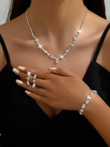 Elegant Rhinestone Decorated Matching Jewelry Set, Exquisite Trendy Pendant Necklace & Dangle Earrings & Bracelet, Fashionable Jewelry Set for Party Decoration