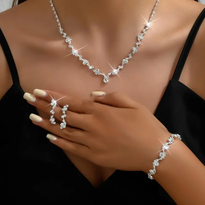 Elegant Rhinestone Decorated Matching Jewelry Set, Glamour Set, Exquisite Trendy Pendant Necklace & Dangle Earrings & Bracelet, Fashionable Jewelry Set, Necklaces Earrings Set for Party Decoration, Necklace and Earring Set