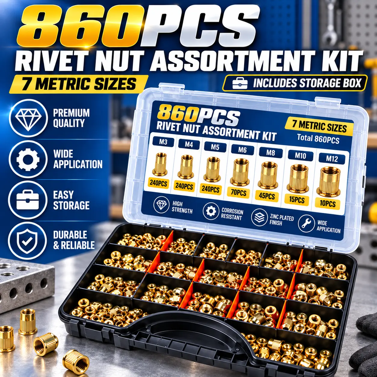 860PCS Rivnut Kit – 7 Sizes M3-M12 Threaded Insert Nuts with Organizer Box, Durable Rivnuts for Auto Repair, Furniture & DIY