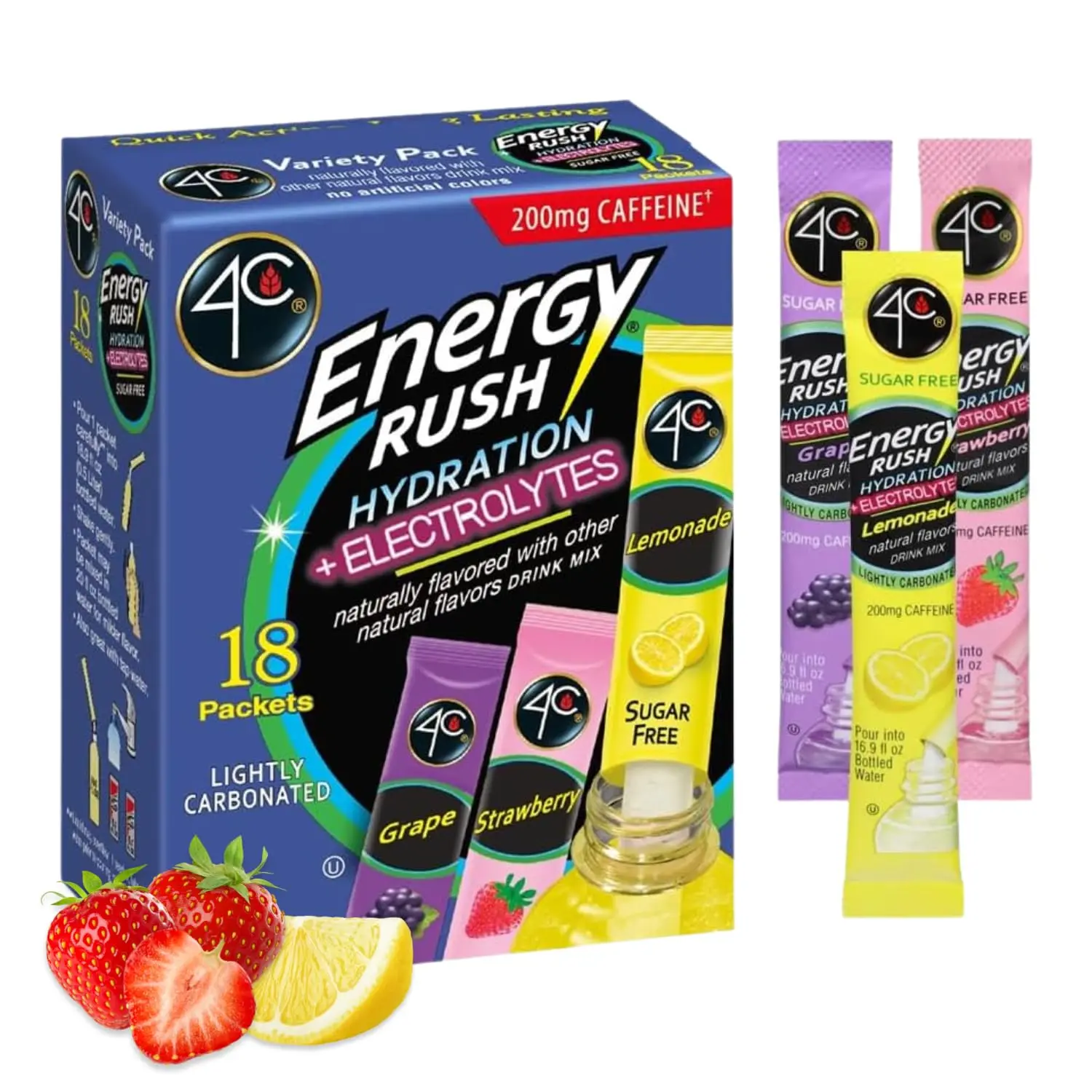 4C Energy Rush PSD with Electrolytes 18ct Variety Pack Stix (Lemonade/Strawberry/Grape - 6 of each stix)