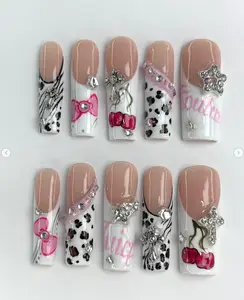 Y2K Baddie Press On Nails | Cherries, Leopard Print, 3D Crosses & Rhinestones | Cute Pink Chrome Goth Nail Art with Script & Bold Attitude