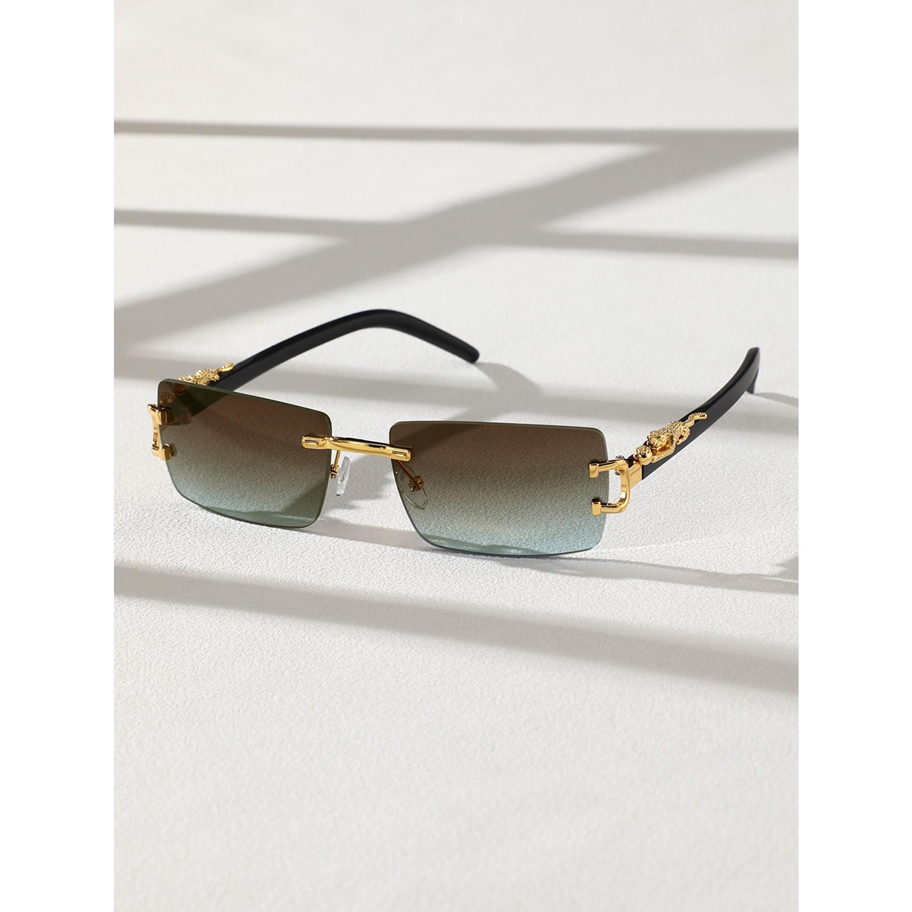 2pcsRimless Gradient Sunglasses | Y2K Streetwear Leopard Detail UV400 Shades | Luxury Gold Accent Retro Sunnies for Summer Beach, Driving & Festival