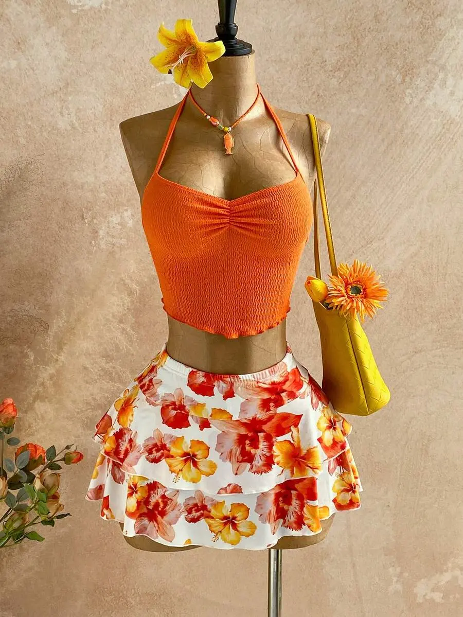 HERMIA Women's Burnt Orange White Floral Halter Top Printed Mini Skirt 2 Pieces Set,Summer Boho Tropical Beach Vacation Holiday Outfits Party Dresses