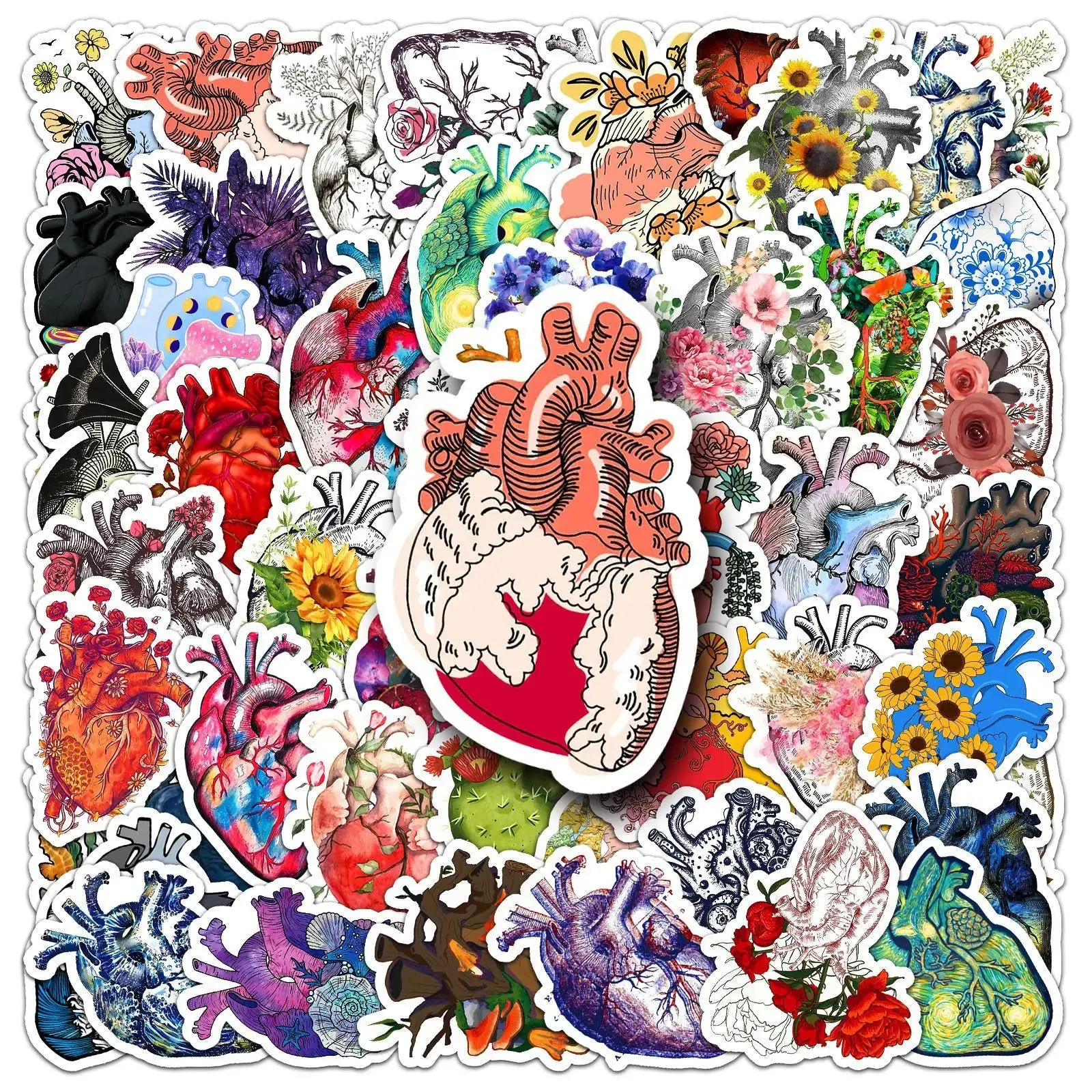 50 Floral Heart Stickers Cute Love Theme Waterproof Decals for Laptop Notebook Bottle Scrapbook