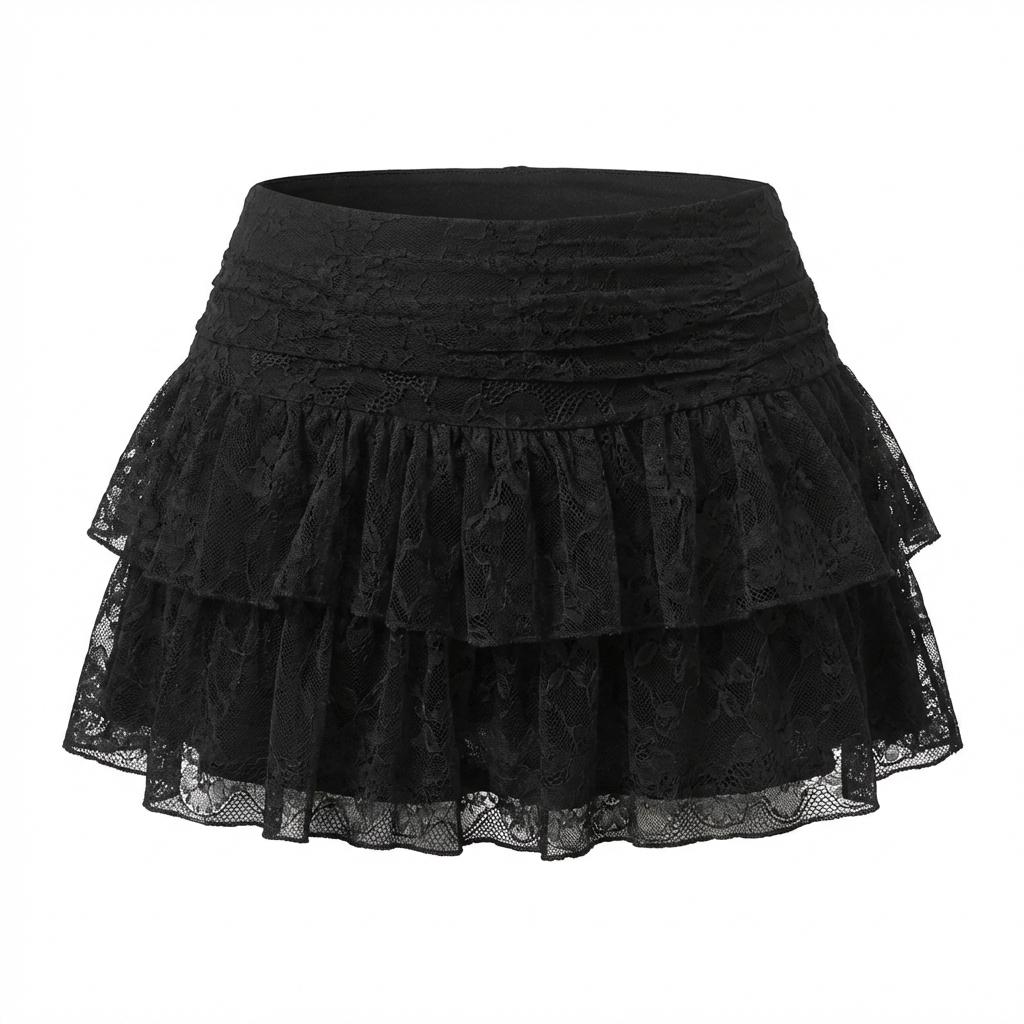 Black Lace Tiered Ruffle Mini Skirt