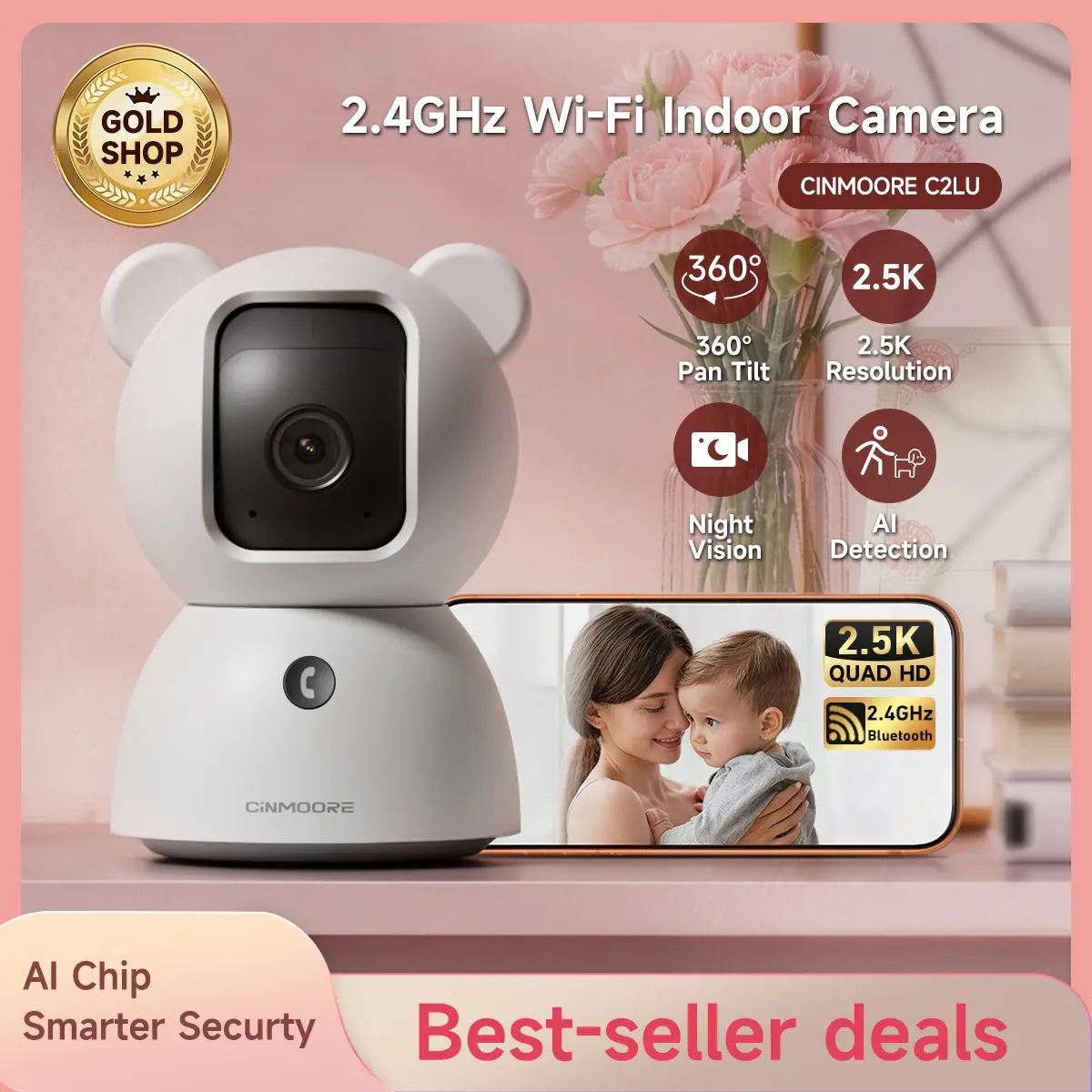【FLASH SALES】 CINMOORE 2.5K Indoor Security Camera pet camrea WiFi 360° Pan-Tilt AI Motion Detection Two-Way Audio Night Vision Clear Monitoring Recording Baby Crying baby monitoring cameras for home 360 camera mini camera Sd Button Card
