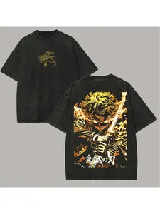 Devil Killer Zenitsu Agatsuma Printed Men's and Women's Washed T-shirt Demon Slayer Blade Summer Men's and Women's Fashion Trend Loose Large High Quality Top Comfortable and Breathable Round Neck Pullover Short Sleeve Y2K Street